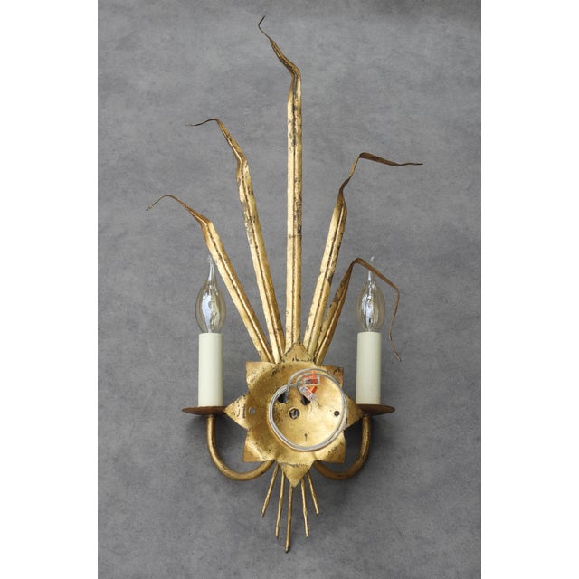 Spanish Gilt Ferrocolor Tole Wheat Sheaf Wall Sconces, 1950, Set of 2 For Sale - Image 10 of 11