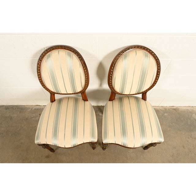 Karges Style French Regency Louis XVI Carved Mahogany and Gold Gilt Side Chairs or Dining Chairs, Pair For Sale In South Bend - Image 6 of 13