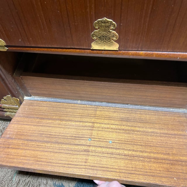 Large Vintage Teak & Brass Korean Style Chest Buffet Bar For Sale - Image 11 of 13