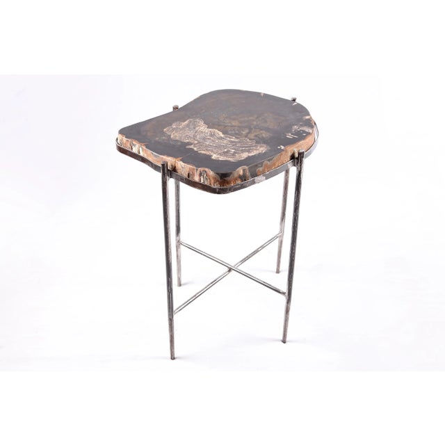 The top of this modern accent side table is made of one slice of organic petrified wood, hand polished to show its...