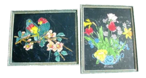 Antique Americana Folk Art Tropical Birds and Still Life / Floral Bouquet Tinsel Paintings - a Pair
