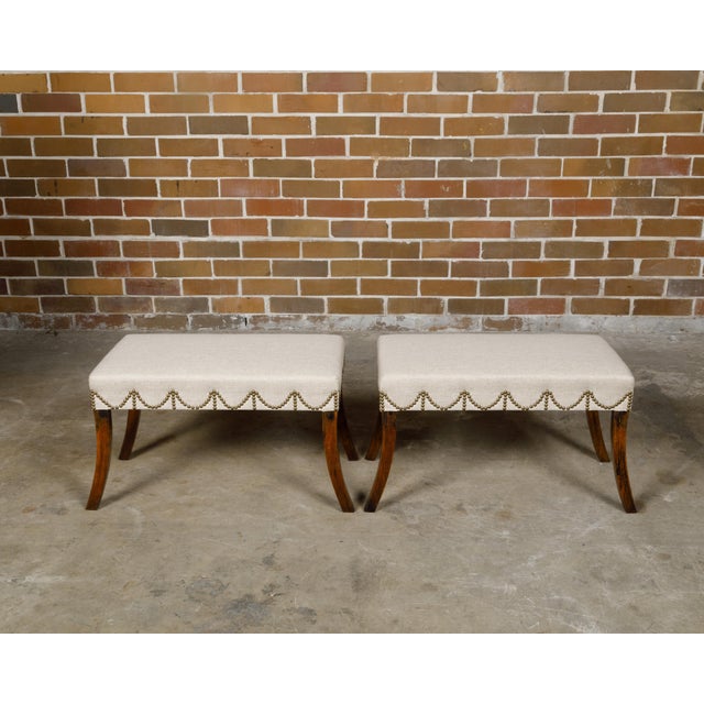 19th Century Pair of English Regency Mahogany Stools with Saber Legs and Custom Upholstery For Sale - Image 9 of 11