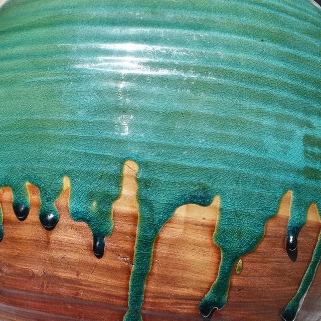 Large Round Green and Brown Drip Glaze Ceramic Planter With Handles For Sale - Image 4 of 5