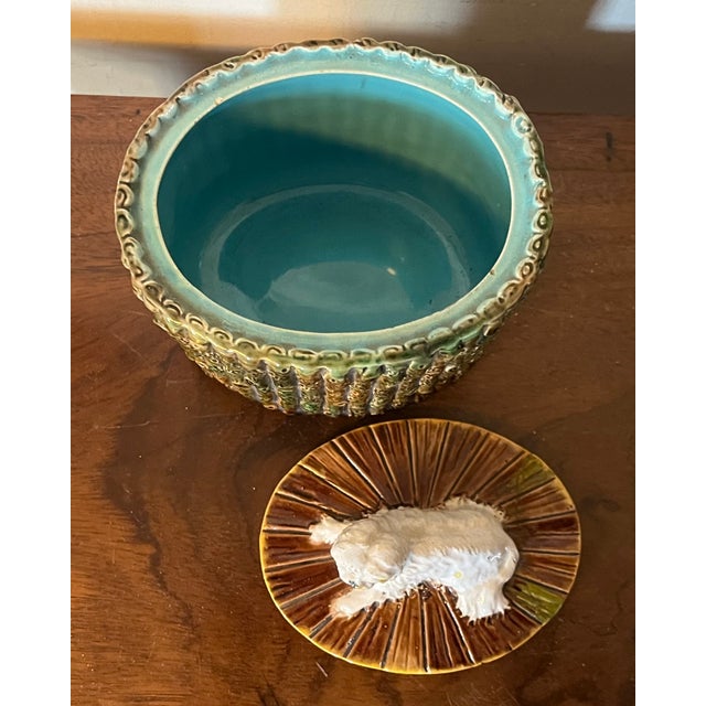 Brown Antique 19th Century George Jones English Majolica Bamboo Faux Bois Oval Desk Box With White Dog Finial For Sale - Image 8 of 13