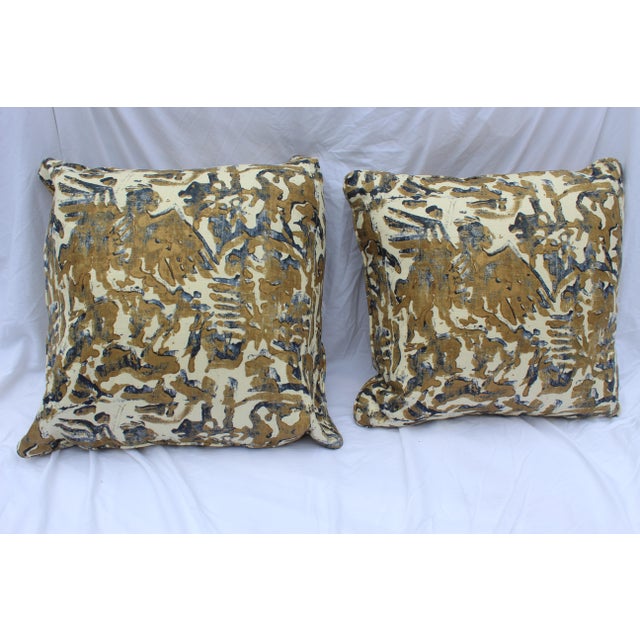 Contemporary Printed Linen Navy Blue and Bronze Down Pillows - a Pair For Sale - Image 11 of 12