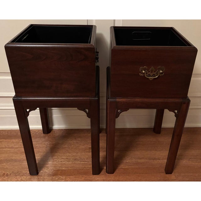Two handsome solid cherry jardinières from Ethan Allen. Both have metal liners to contain water overflow, if used for live...