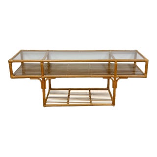Vintage Console Table Rattan Two-Tier Glass Top Coastal Entryway Sofa Table Rare For Sale