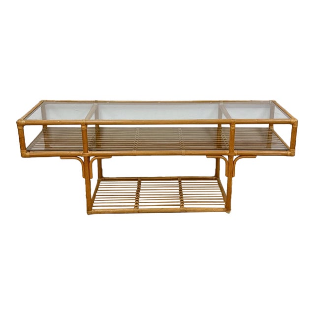 Vintage Console Table Rattan Two-Tier Glass Top Coastal Entryway Sofa Table Rare For Sale