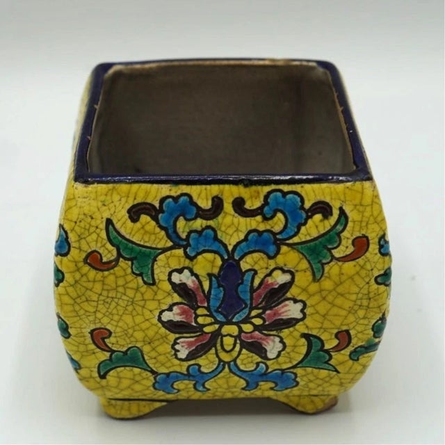 Ceramic Antique Japanese Satsuma Square Footed Pot Crackle Glaze Floral Enamel c.1900 For Sale - Image 7 of 7