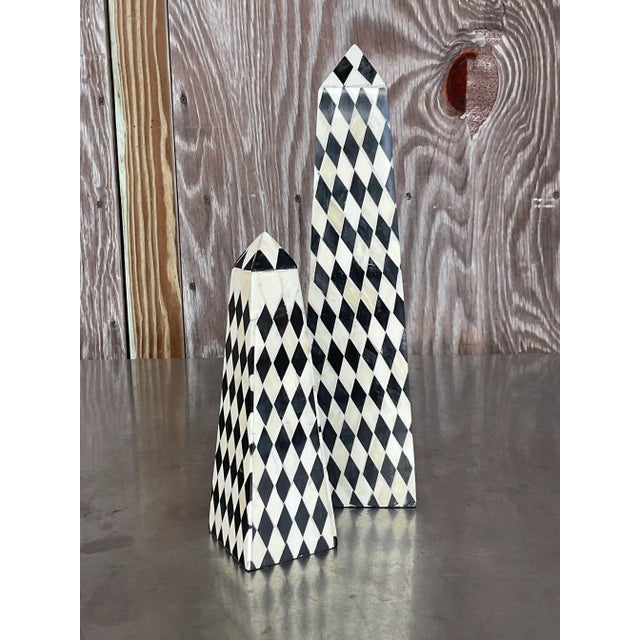 Boho Chic Vintage Boho Harlequin Tessellated Stone Obelisks - Set of Two For Sale - Image 3 of 8