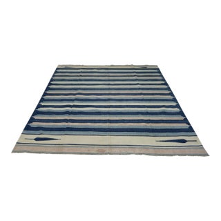 Vintage Dhurrie Rug in Blue With Cream and Pink Stripes | Rug & Kilim For Sale