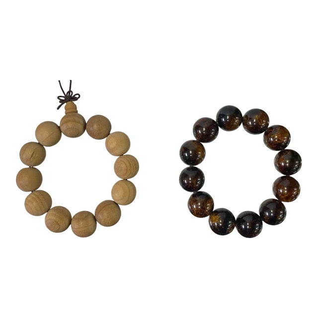 2 Light Brown Wood / Amber Resin Beads Hand Rosary Praying Bracelet For Sale