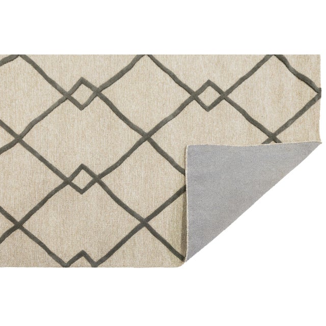 Mid-Century Modern 8x10 Geometric Trellis Hand-Tufted Wool Rug – Neutral Beige & Charcoal For Sale - Image 3 of 10