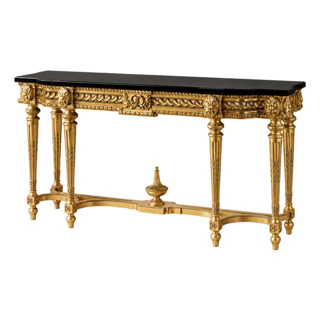 Italian Neoclassical Gold Leaf Console Table With Black Marquina Marble Top For Sale