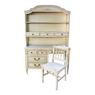 1960s Dixie Furniture Painted French Provincial Desk With Hutch & Chair For Sale
