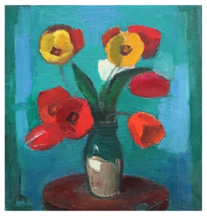 Aleksandr Rodin, Tulips on a Turquoise Background, Oil on Cardboard