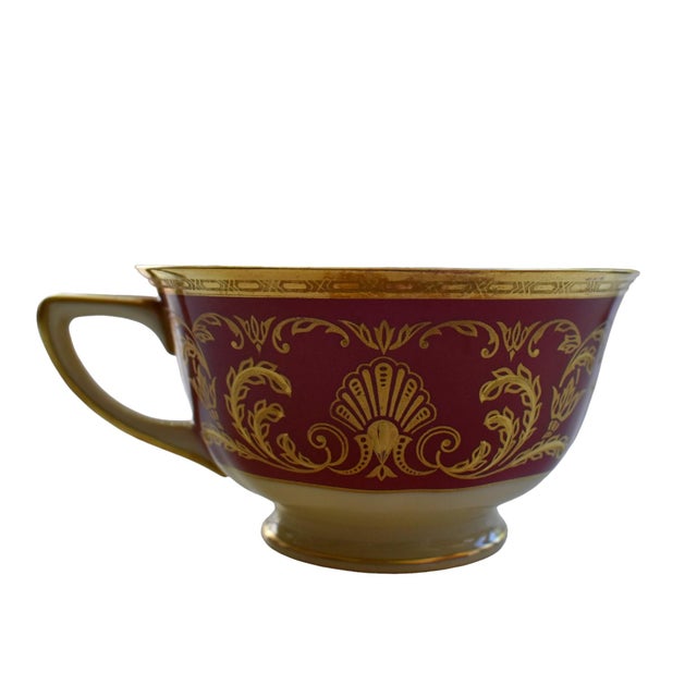 Vintage 30s Heinrich and Co. Selb H & C Bavaria German Porcelain Red and Gold Encrusted Tea Cup and Saucer With Desert Plate - Service for 3 For Sale - Image 10 of 12