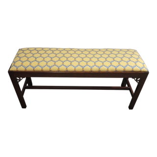 Vintage Mahogany Chippendale Style Yellow Upholstered Bench For Sale