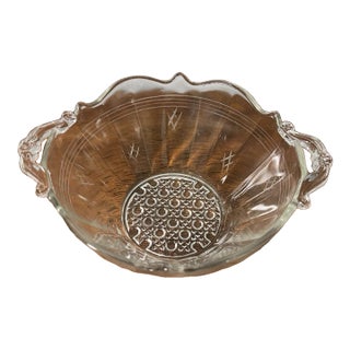Vintage Clear Pressed Glass Serving Bowl Handles Etched Floral Console Dish For Sale