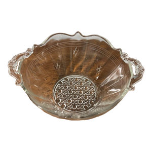 Vintage Clear Pressed Glass Serving Bowl Handles Etched Floral Console Dish