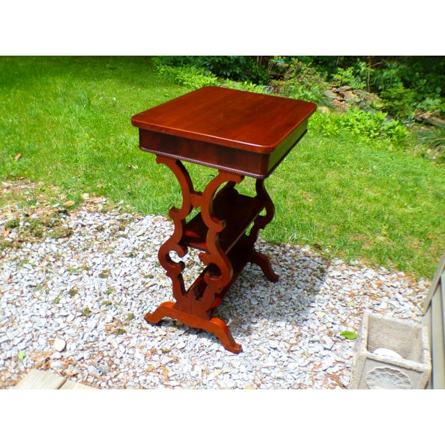 Wood Antique Mahogany Empire Victorian Gothic Revival Trestle Lyre Nightstand Table For Sale - Image 7 of 18