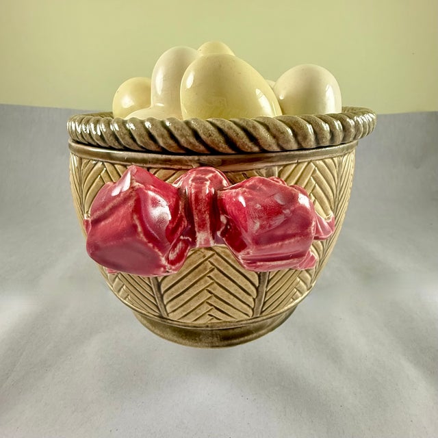 Ceramic French Majolica Choisy Le Roi Egg Basket & Bows Lidded Tureen For Sale - Image 7 of 18