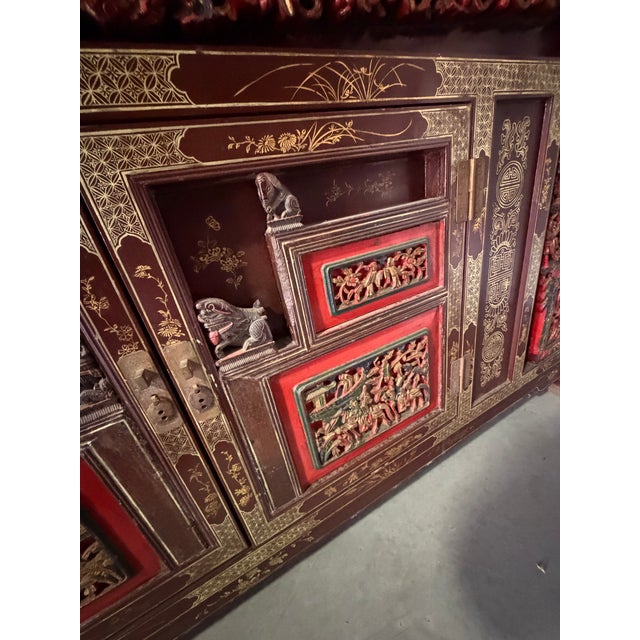 1920s Heavily Carved and Lacquer Decorated Asian Credenza Cabinet For Sale In Philadelphia - Image 6 of 8