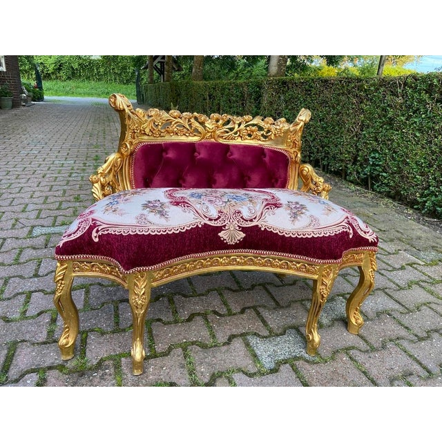 Late20C French Artisan Louis XVI Style Gold Red Beech Settee For Sale - Image 9 of 14