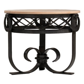 1920-1929 France Warm White Marble Wrought Iron Scroll-Base Table For Sale