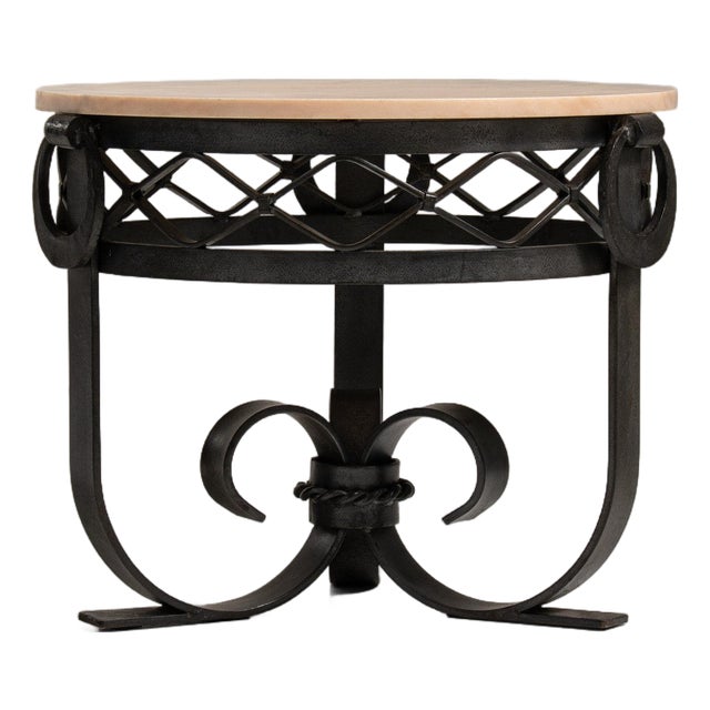 1920-1929 France Warm White Marble Wrought Iron Scroll-Base Table For Sale