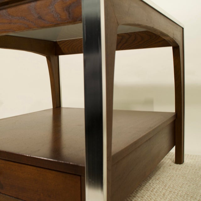 Wood Vintage Side Table With Drawer and Smoked Glass Top For Sale - Image 7 of 9