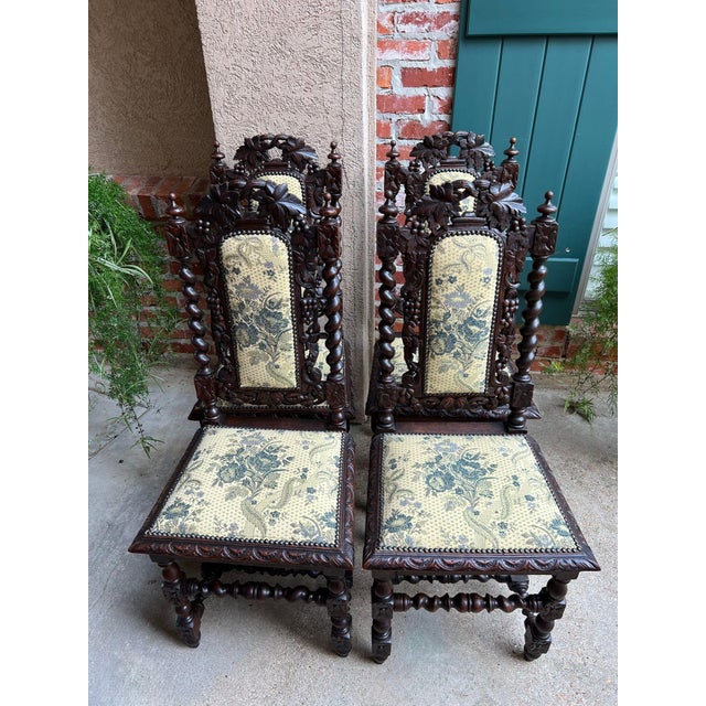 Wood Set 4 Antique French Dining Chairs Barley Twist Renaissance Carved Oak Green 1900 For Sale - Image 7 of 18