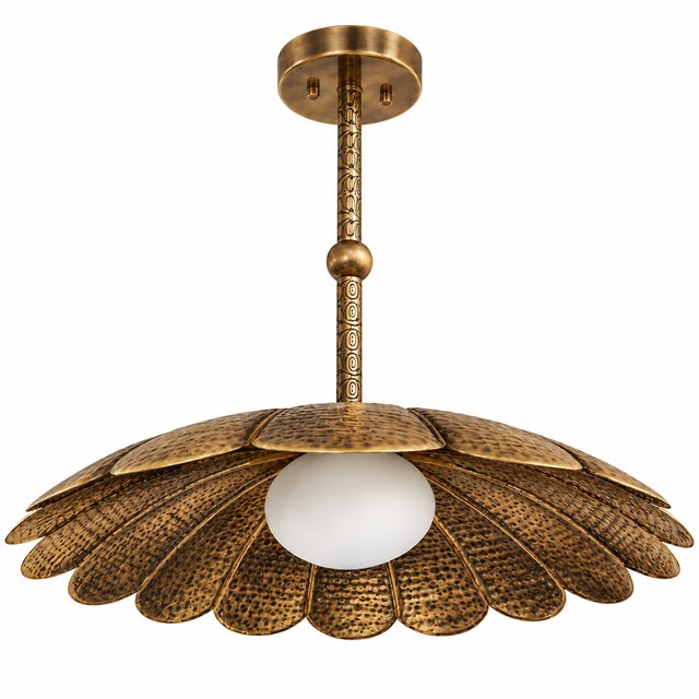 Handmade Brass Flower Chandelier, Hammered Floral Pendant Light, Art Deco Ceiling Fixture For Sale - Image 11 of 13