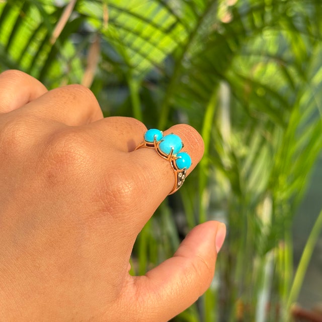 3.32 Ct Three Stone Turquoise Claw Set Engagement Ring in 14k Solid Gold Size 5 For Sale - Image 9 of 13