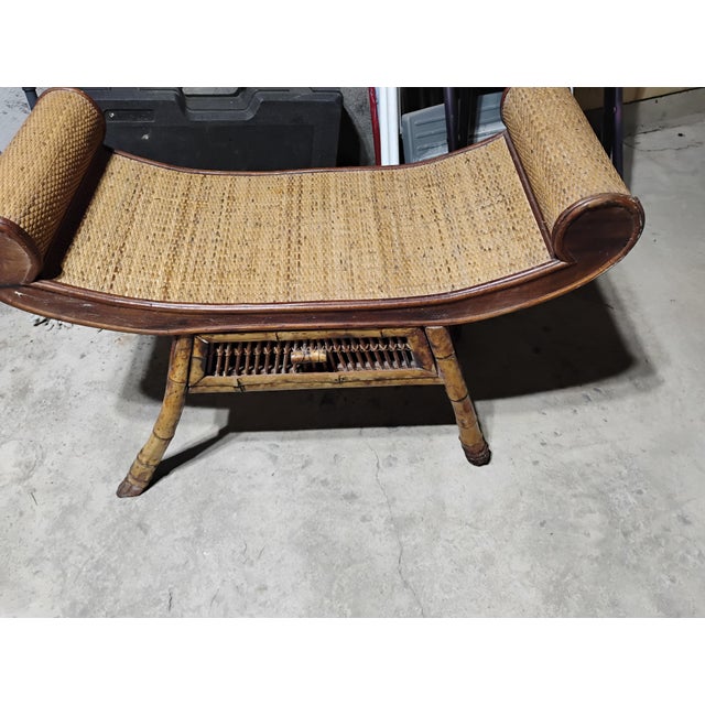 1960s Egyptian Revival Burnt Bamboo Wicker and Rattan Scroll Arm Bench or Side Table