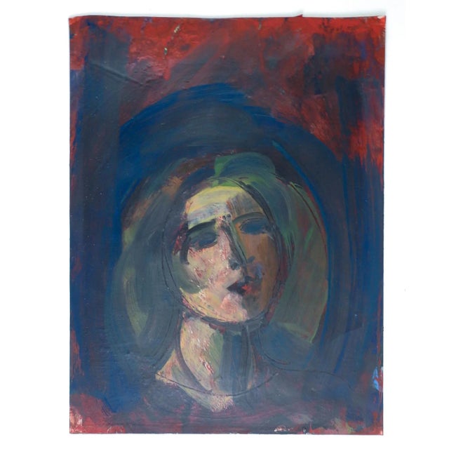 Vintage modernist oil on paper portrait of woman with dark red background. Unsigned. Unframed, tape remains on verso.