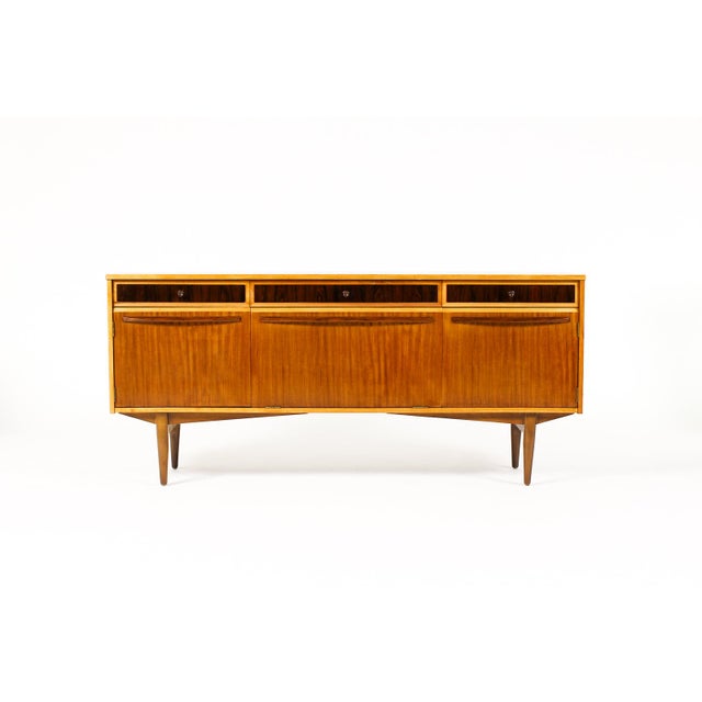 1960s 1960s Danish Modern Mid Century Mahogany Credenza Sideboard by Elliot’s of Newbury — Sculpted Lapel Pulls, Attributed For Sale - Image 5 of 11