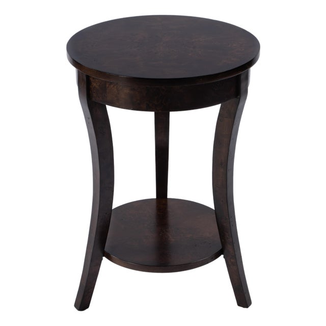Holdin 18 in. W Round Wood Side Table with Lower Open Shelf, Dark Burl For Sale