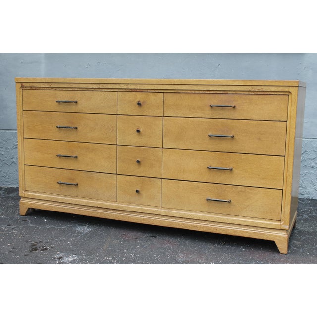 1960's Modern Light Toned Wood 12 Drawer Standard Dresser. Unique Hardware For Sale - Image 11 of 12