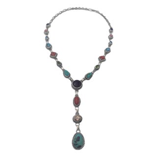 Multicolor Gemstone Lariat Necklace - Kingman Turquoise Amethyst Topaz Citrine Spiny Pink For Sale