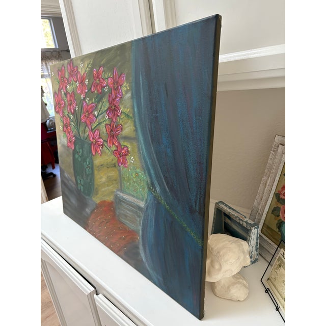 Large original canvas painting with bold multi toned cheerful flowers in a teal floral vase by a window. Vibrant draping...