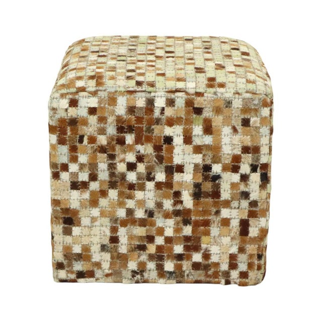 Vintage square pouf with a patchwork mosaic pattern, made from small pieces of goatskin, second half of the 20th century....