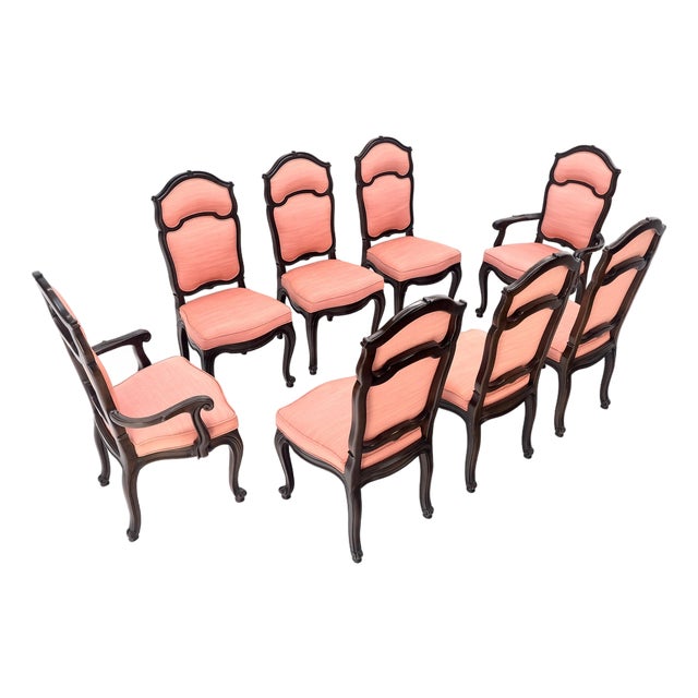 Set of 8 Mid Century Tall Arch Back Clean Cream Upholstery Dining Chairs Quality For Sale