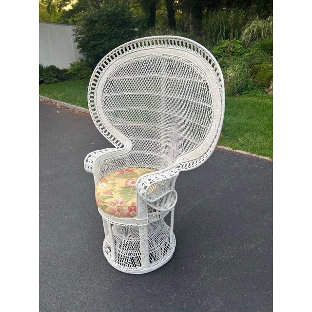 Hollywood Regency 1970s Emmanuel Peacock Throne Chair, White Wicker With Cushion For Sale - Image 3 of 18