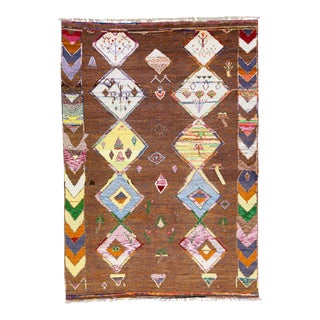 Modern Moroccan Style Brown Handmade Wool Rug With Tribal Design For Sale