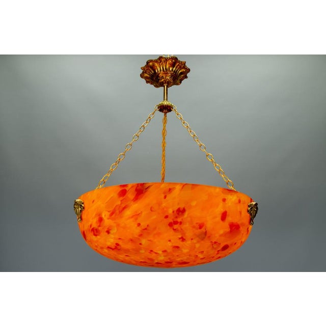 French Art Deco Mottled Orange Glass & Brass Pendant Light, 1930s For Sale - Image 15 of 18