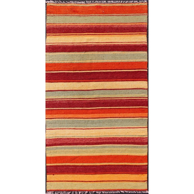 Vintage Hand Woven Turkish Kilim Runner With Stripes in Red, Green, Yellow, and Orange For Sale - Image 11 of 11