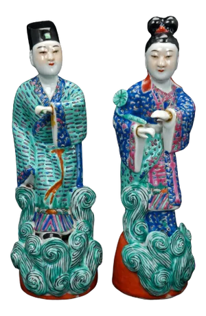 Early 20th Century Chinese Porcelain Polychrome Nobleman and Wife Figures - A Pair