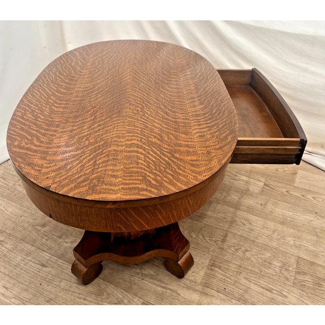 1900 - 1909 Antique Tiger Oak Oval Center Table Parlor Coffee Table Arts & Crafts Mission For Sale - Image 5 of 10