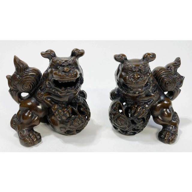 Chinoiserie Vintage Foo Dog Figures With Bronze Finish, Pair For Sale - Image 3 of 10